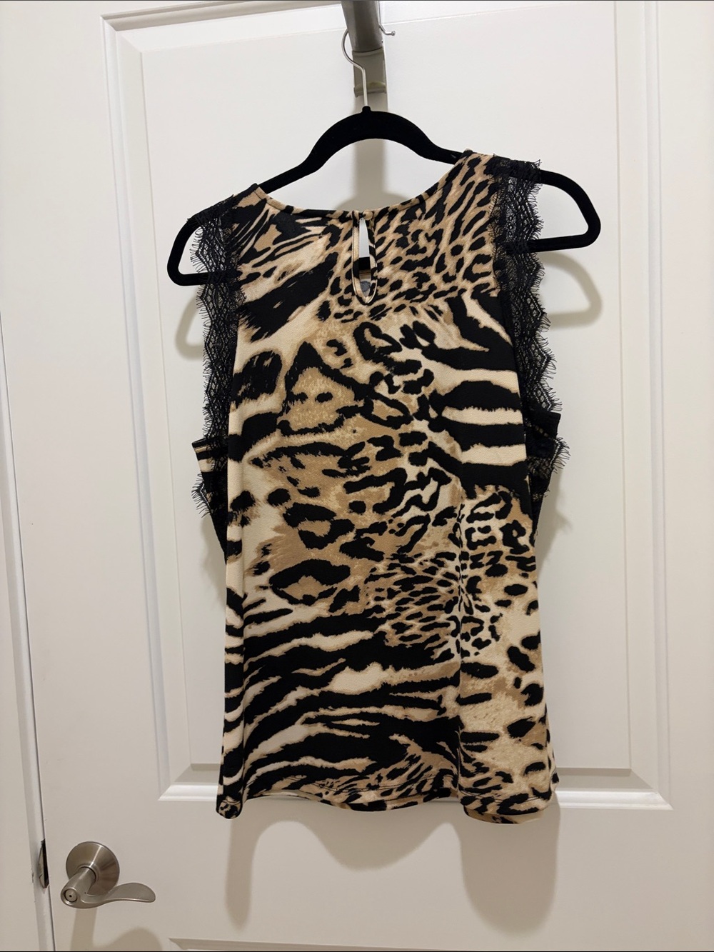 Sleeveless Animal Print Top with Lace Trim - Black & Beige INC - Picture 4 of 4